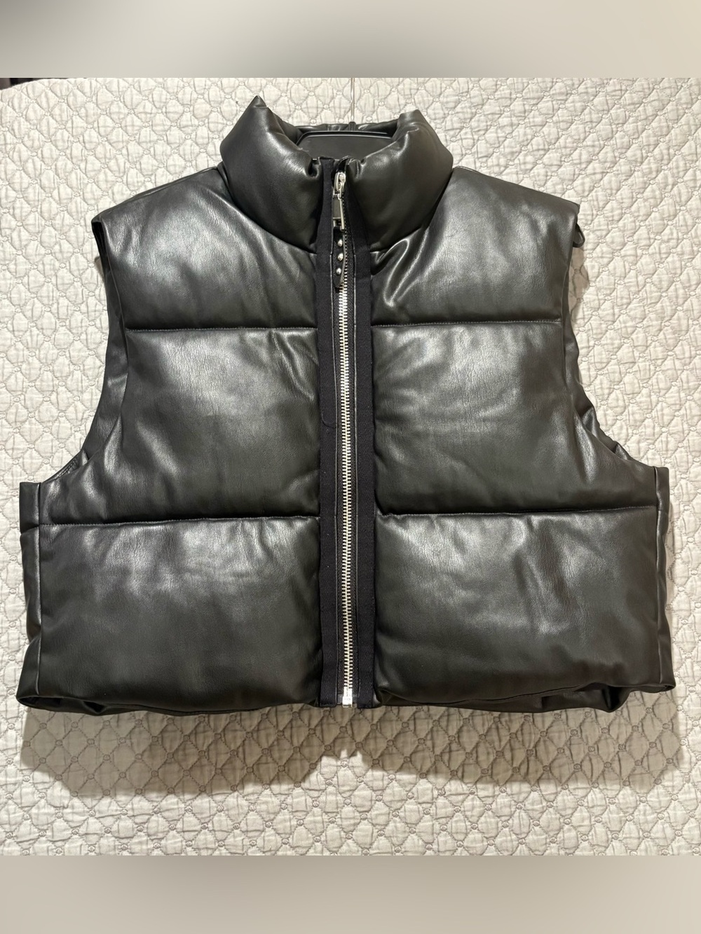 Rebecca Minkoff Black Vegan Leather Mock Neck Cropped Puffer Vest - Size M